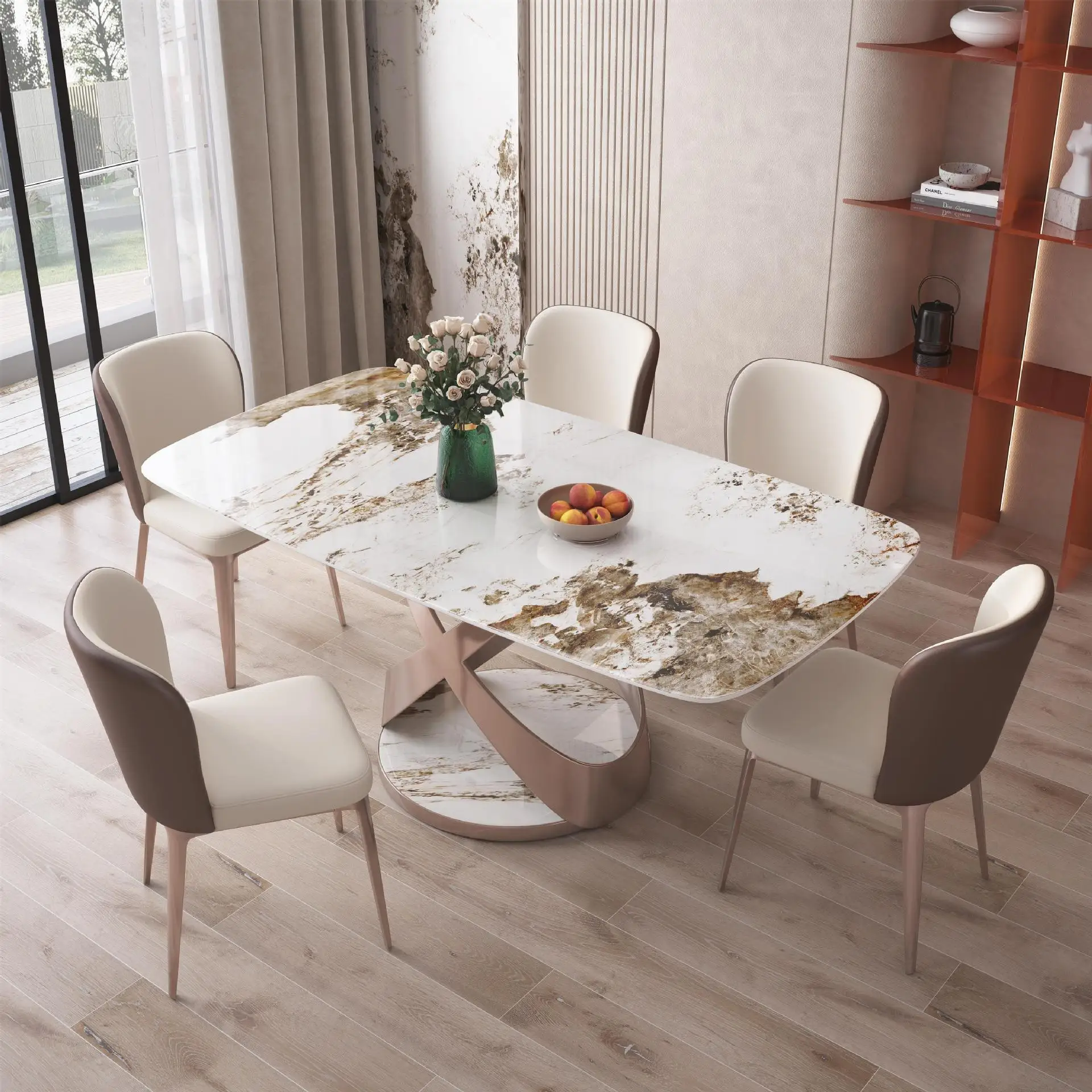 Modern Luxury Rectangular White Dinner Kitchen Dining Table with Rock Slab Stone Table Top and Metal Legs  for Dining Room