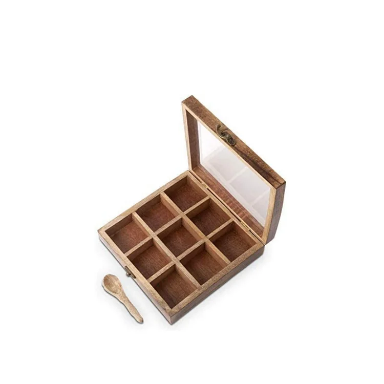 handmade square wood shadow wooden masala spice compartment storage craft box for kitchen