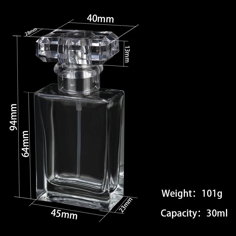 
30ml Crystal Fancy Parfum Rectangle Square Silver Gold Cap Empty Glass Perfume Spray Bottle 