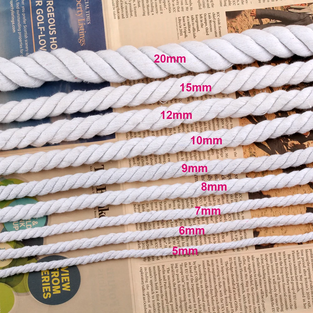  [16]Wholesale 3 strand twisted cotton twine bleached white string 5mm 7-8-20mm 1cm thick macrame cord