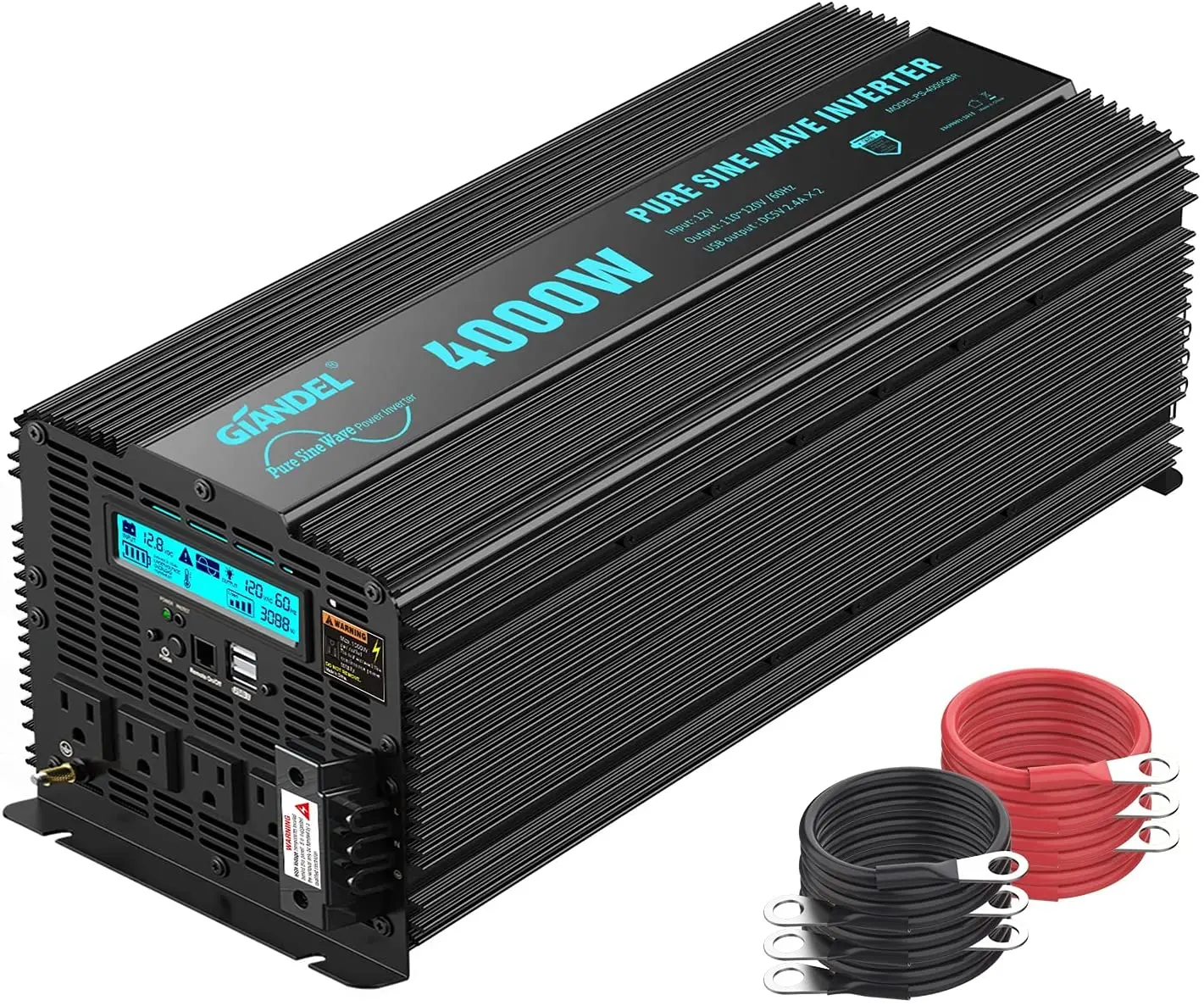 Power Inverter Pure Sine Wave 4000W DC 12V to AC 110V 120V with LCD Display FCC Approved with Dual 2.4A USB Port