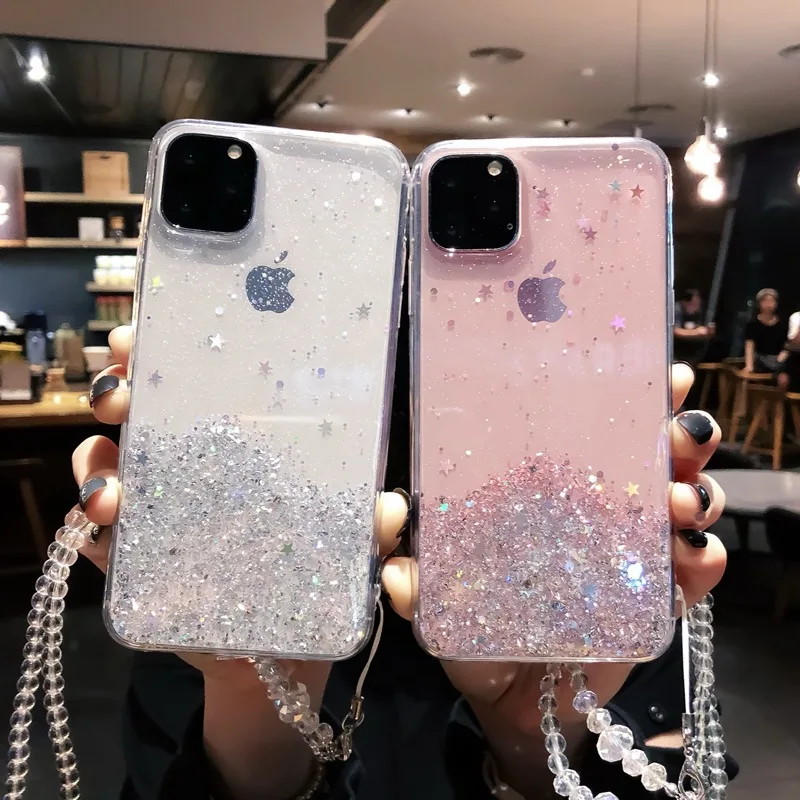 2020 New Arrival Luxury Glitter Bling TPU And PC Mobile Phone Case For iPhone 11 11pro 12 With Strap