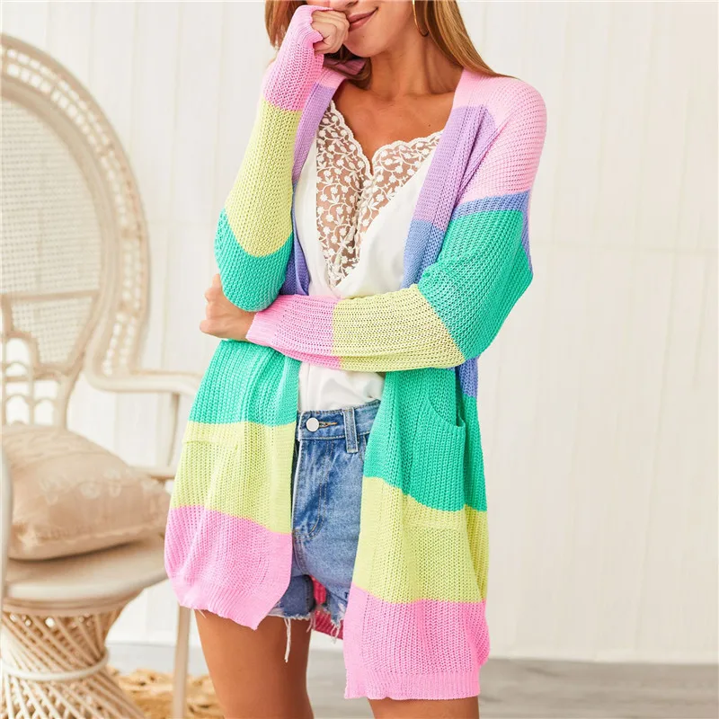 High Quality Striped Long Sleeve Knit Womens Cardigan Sweater