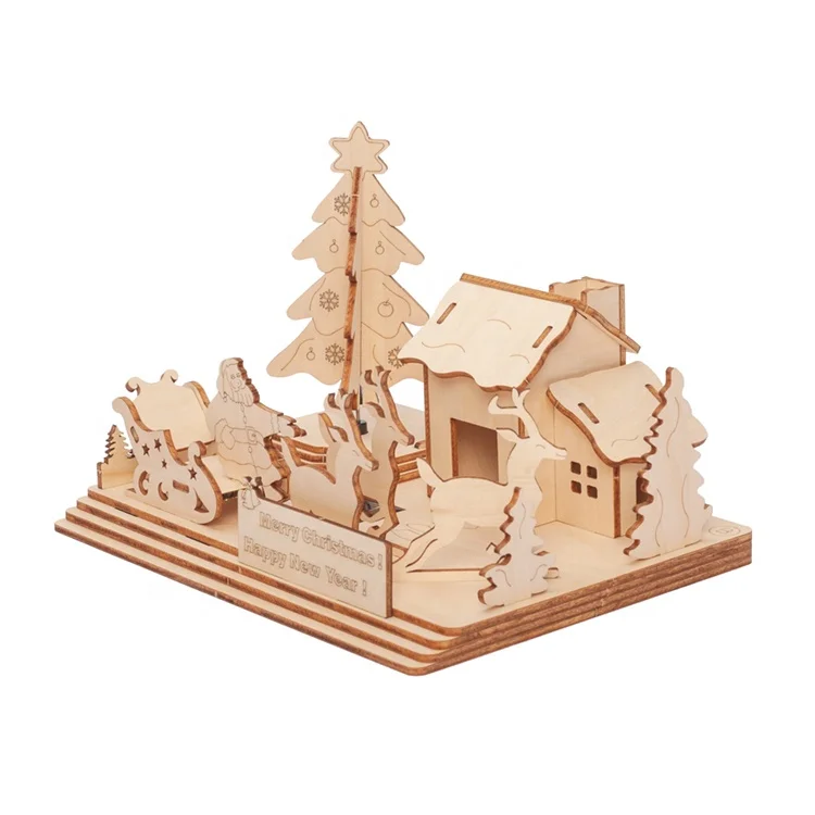 
3D wooden puzzle solar DIY christmas village house for kids 