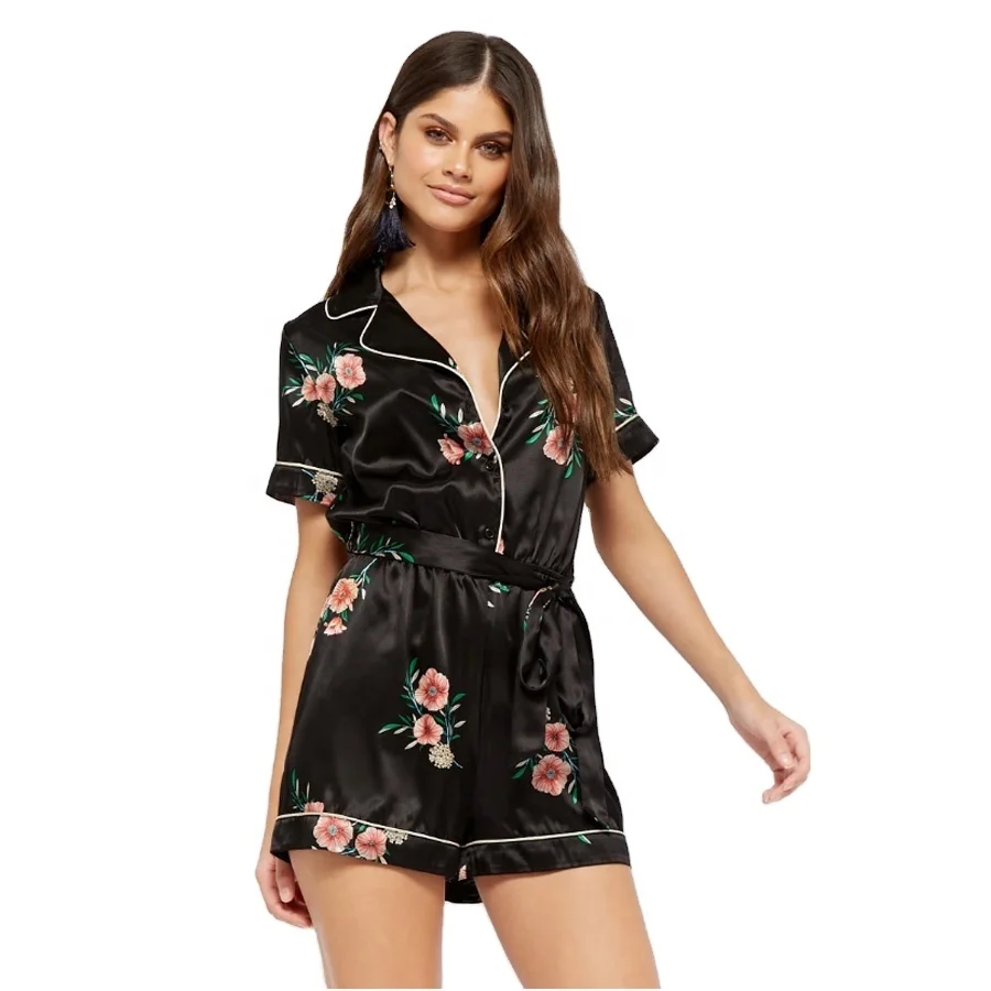 Women Digital Print Short Pyjamas Custom Silk Satin Pajamas Set