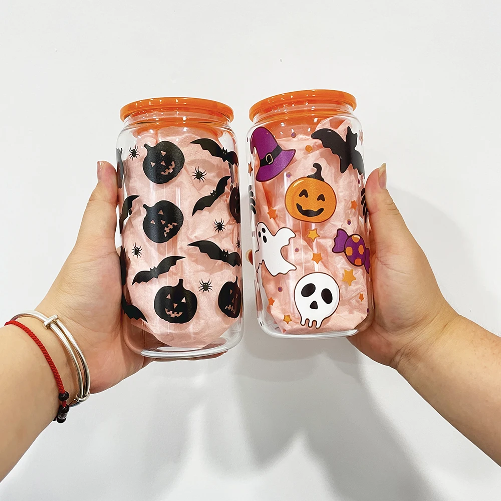 Ready To Ship Borosilicate Glass Pumpkin Ghost Spider Web Printed Glass Can  For Halloween Gift
