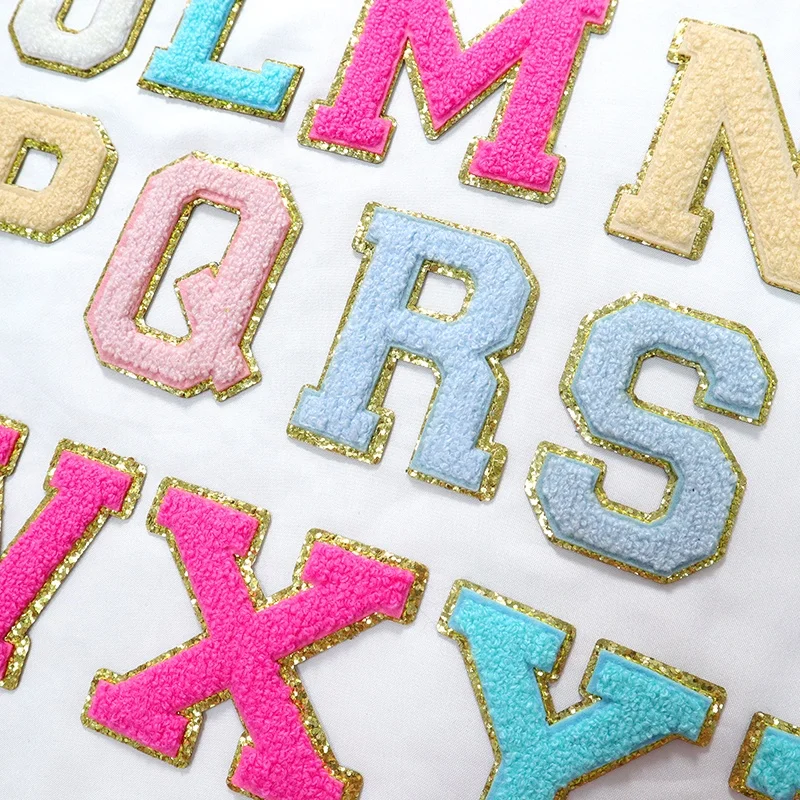 March Expo Discount 5.1cm 5.7cm 6.3cm 7cm Alphabet A-Z Glitter Patches Iron On Chenille Glitter Letter Patches For Clothing