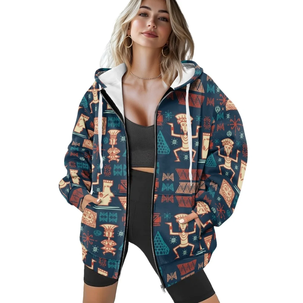 Mexico Maya Aztec Traditional Totem Loose Zip up Hoodies Wholesale Casual Autumn Winter High Quality Streetwear Full Zip Hoodies