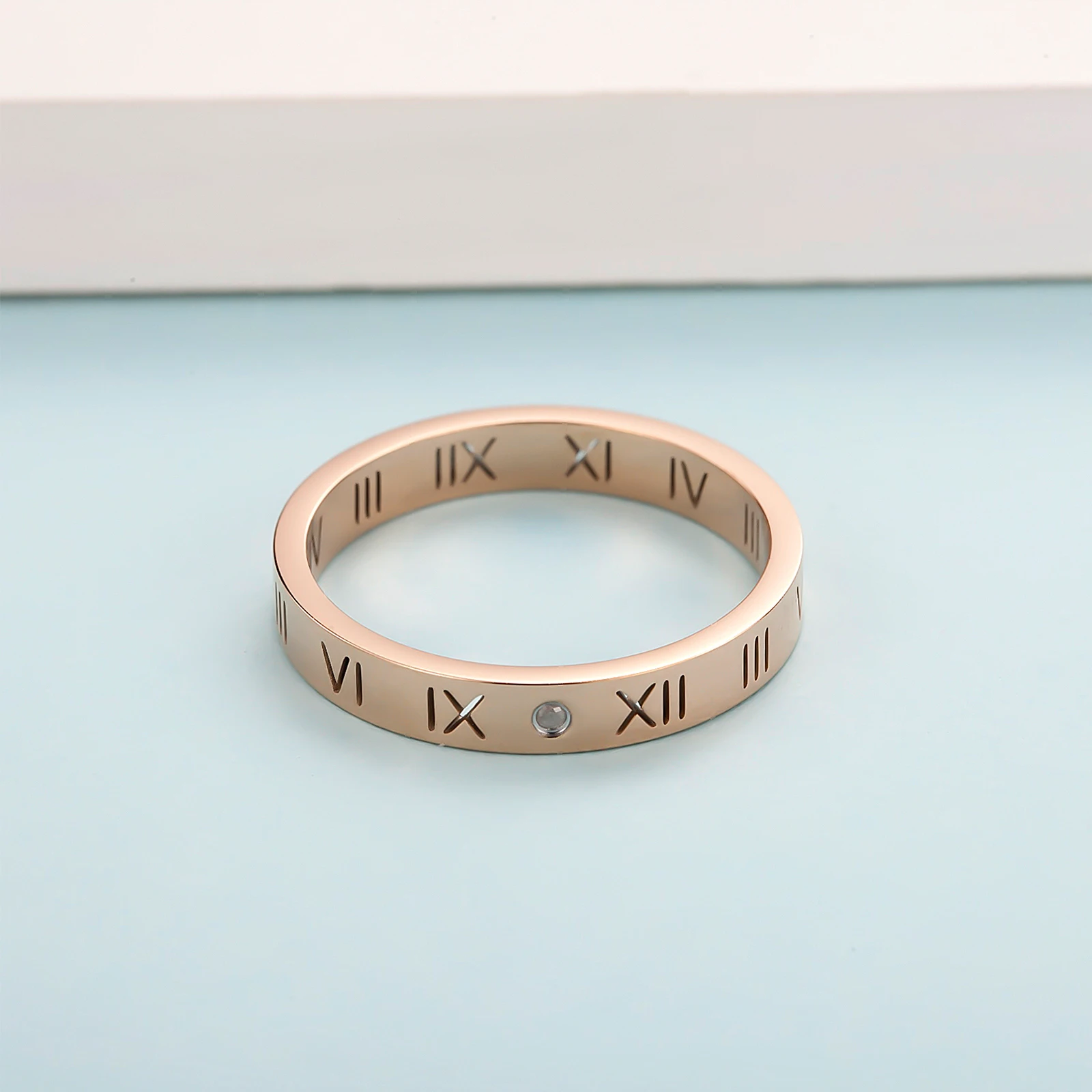 Wholesale Rose Gold Roman Numerals Band Engagement Wedding Stainless Steel Real Diamond Ring