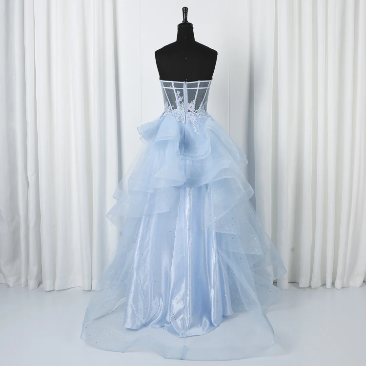 Реальное изображение Тюлевое многослойное бальное платье quinceanera кружевное вышитое синее длинное вечернее для выпускного вечера платья