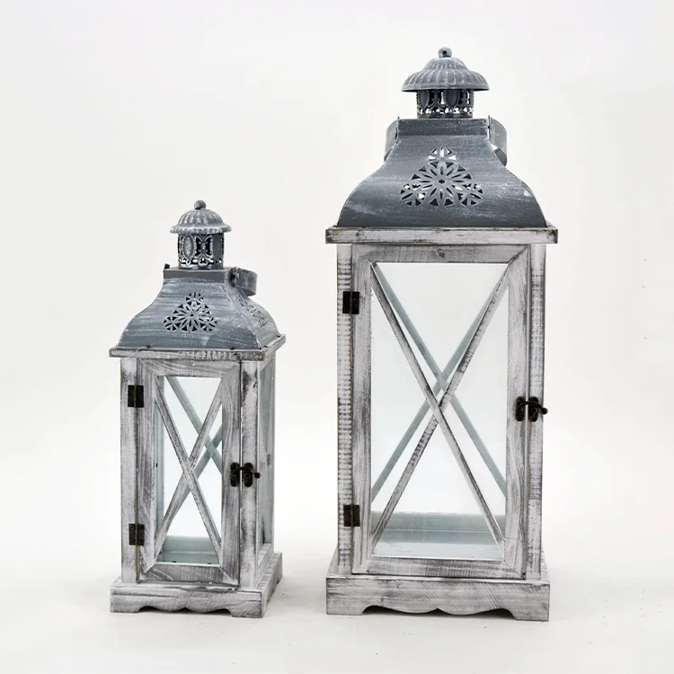 
Wholesale Grey Color Garden Candle Holder Wood Iron Candle Lantern 