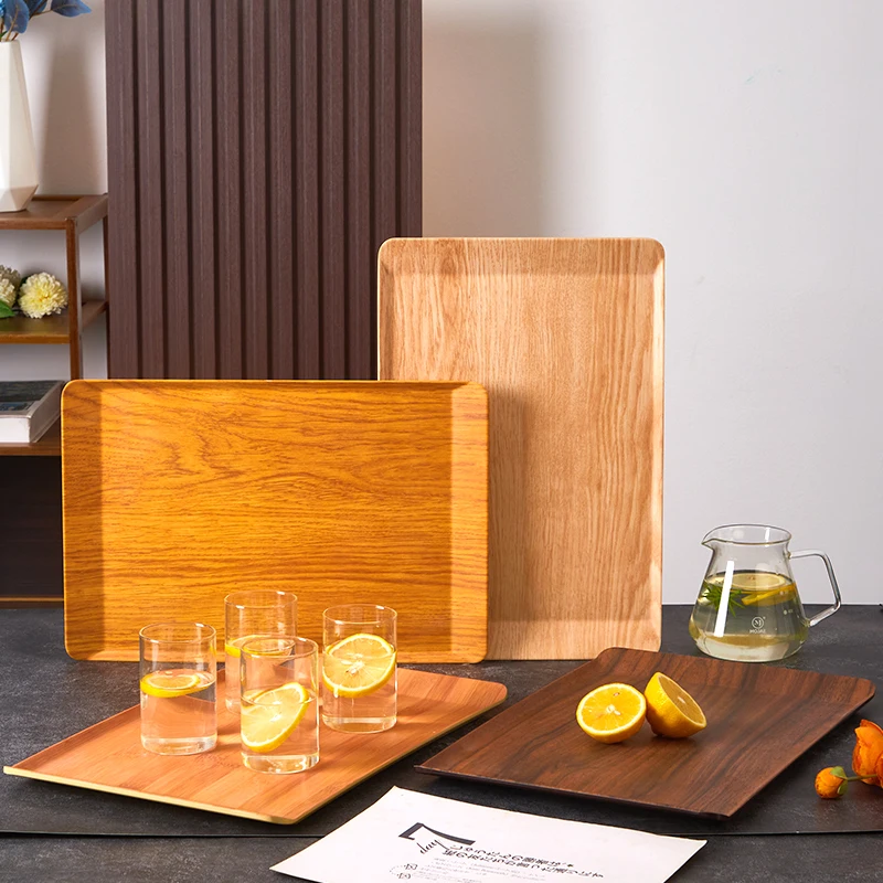 Wooden Grain Serving Trays Quality Superior 100% Melamine Solid Plastic Trays Steak Bread Dessert Breakfast