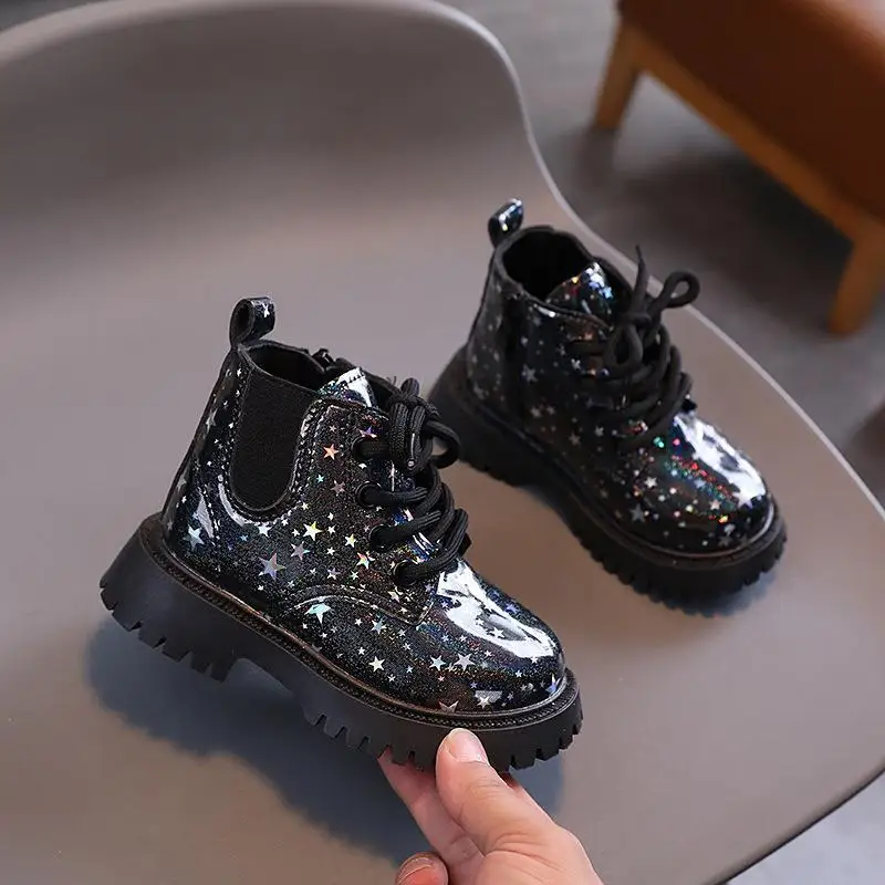 Star Pattern Fashion Kid Short Boots Girl British Style Child Shoe Ankle PU Leather Boot Autumn Winter Waterproof Shoe Boot