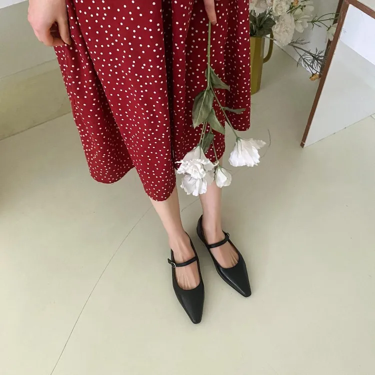 Xinzirain Private Label Female Flat Ballet Shoes Fashion Pointy Toe Black Full Leather Women Mary Jane Shoes For Ladies