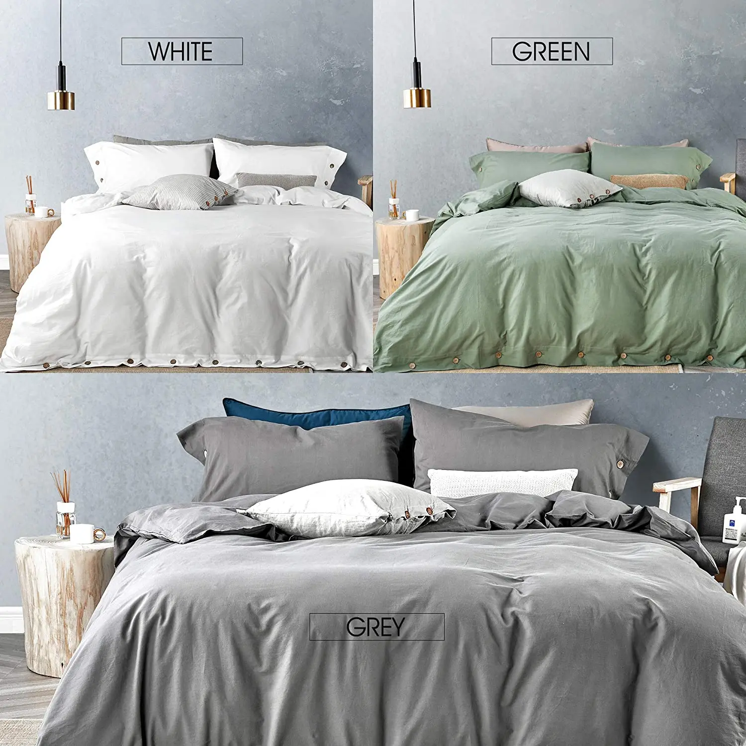 Green 100% Washed Cotton Duvet Cover Set 3 Pieces Luxury Soft Bedding Set with Buttons Closure Solid Color Pattern Duvet Cover