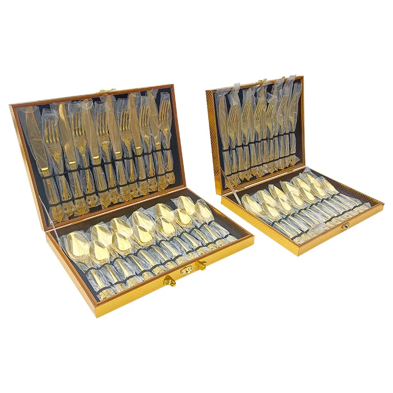 Factory Wholesale Best Selling Stainless Steel Knife Fork Spoon set 24pcs Gold Flatware Luxury Cutlery Set With Stand