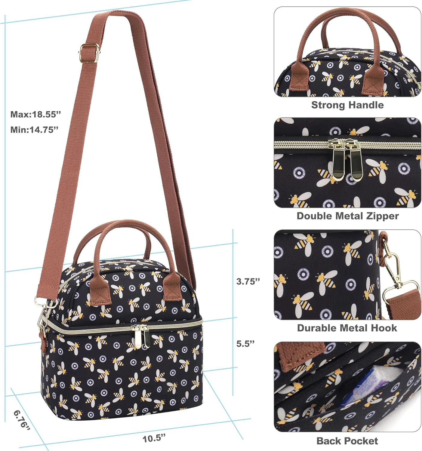 Portatil Lunch Bag con Bandolera para Trabajo Escuela Picnic Floral Bolsa Termican Porta Alimentos cooler bag