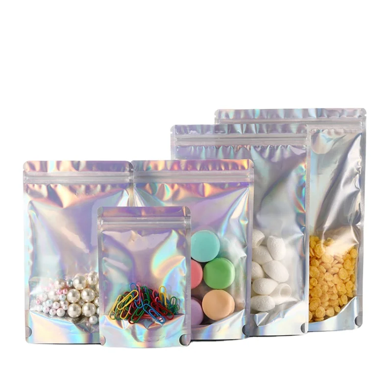 Transparent Stand Up Pouch Holographic Hologram Zip Lock Packaging Bag For Cosmetic Candy Make Up
