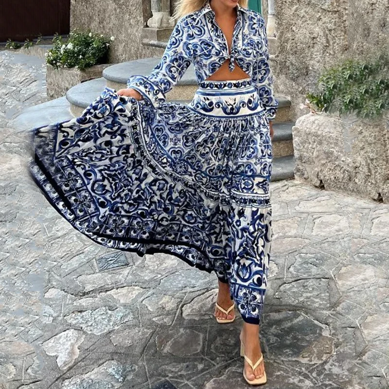 Women Two Piece Sets Autumn Long Sleeve Lapel V-neck Top Blue Porcelain Retro Print Big Hem Skirt Set Luxury Elegant