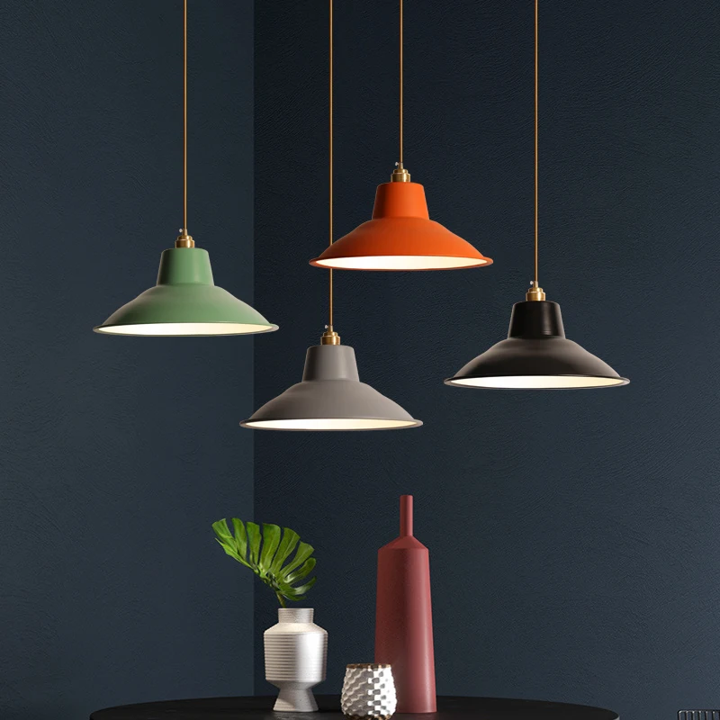 Modern simple orange metal hanging single lamp dinning restaurant office workshop Iron barn green pendant light