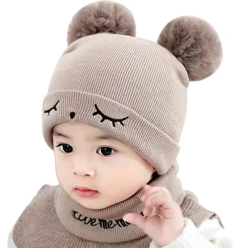 Wholesale Custom 0-12m Winter soft warm Baby Knitted Hats Knitted Newborn Baby Hat And Scarf Set With Fur Pom