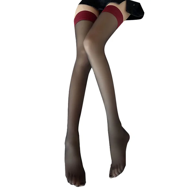 Black Silk Pure Long Knee Socks with Red Side Stitching Sexy Thigh Stockings over Knee Hosiery Featuring Varicose Made of Nylon