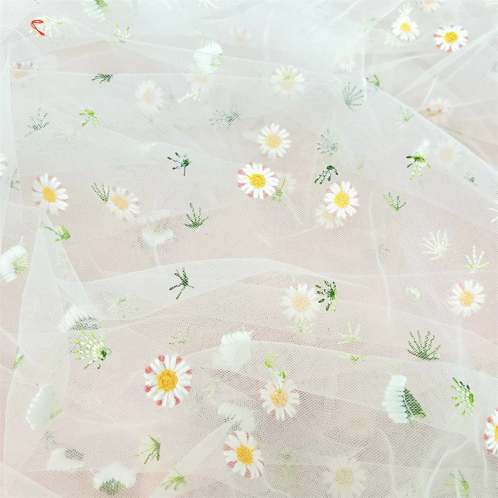 dubai fabric embroidery White daisy floral tulle embroidered fabric cheap dress lace embroidered fabric for bags