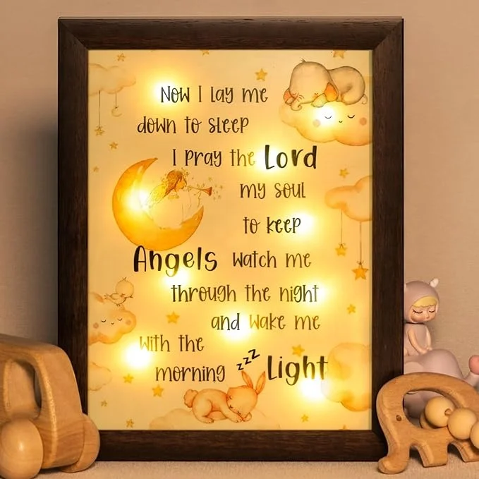 Personalized Wooden Best Baby Baptismal Gifts Nursery Decor Light Frame Baby Shower Godparents Catholic Gifts for Kids