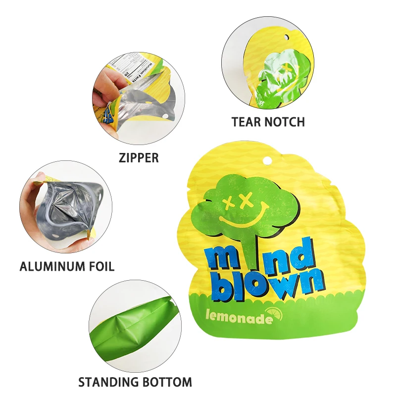 Custom Irregular Special Shaped Zip Plastic Cartoon 1g Foil Food Grade Smell Proof Die Cut Packaging Mylar Bag