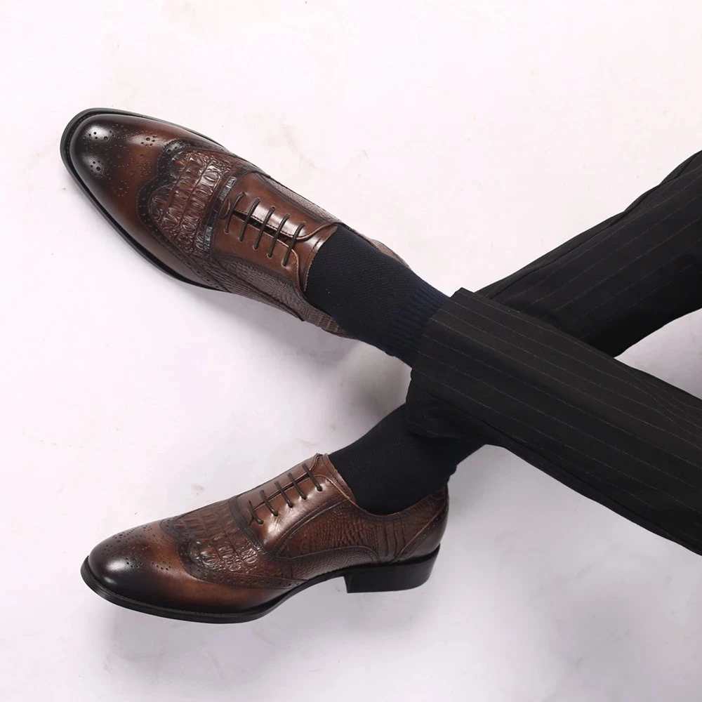 Brown Black Men Casual Dress Shoes Lace Up PU Leather Luxury Party Groom Wedding Pointed Toe Shoes for Men