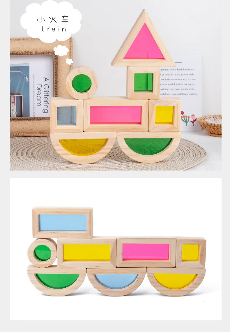 Baby Montessori Kids Toy Educational Toy Rainbow Acrylic Wooden Building Blocks