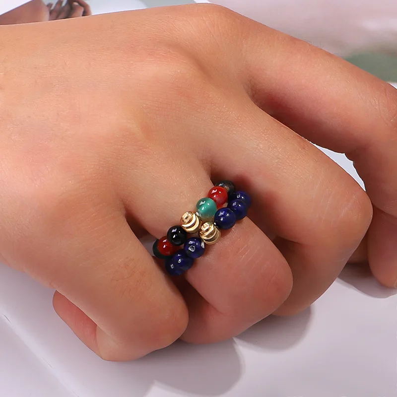 Gemstone Adjustable Ring Stone Beaded Ring for Women Jewelry Gold Beads Healing Crystal Round Natural Stone Rings