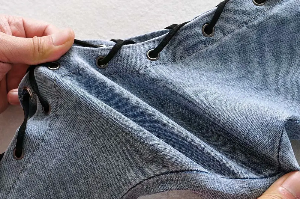 Sexy women denim skinny pants lady full length female contrast eyelet high waist denim jeans trousers with side strings