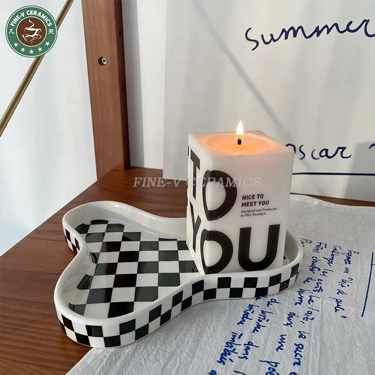 multifunctional decorative storage dish aromatherapy jewelry dessert tray tab Nordic black and white checkerboard ceramic plate