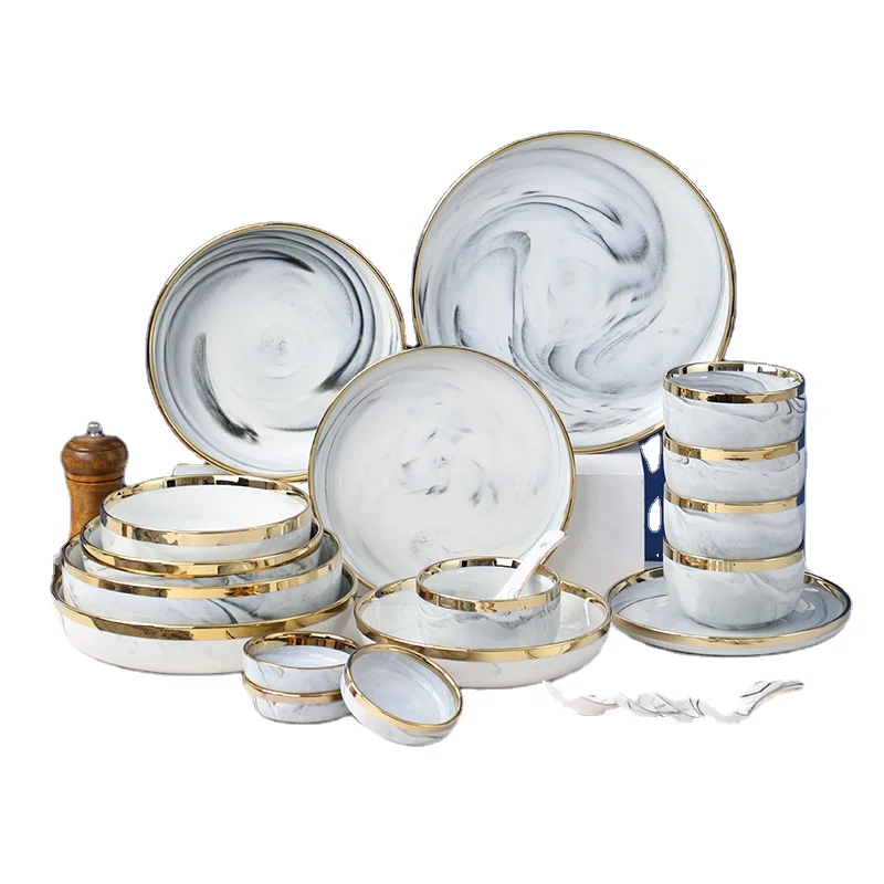 Nordic Marble Grey Phnom Penh Ceramic Plate Sets Household Tableware Set Plate Wholesale Tableware For Restaurant