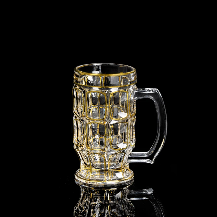 
NEW DESIGNED GLASS BEER CUP WITH HANDLE, IN GOLDEN LINE, 410ML,D79 H150  (1600082368280)