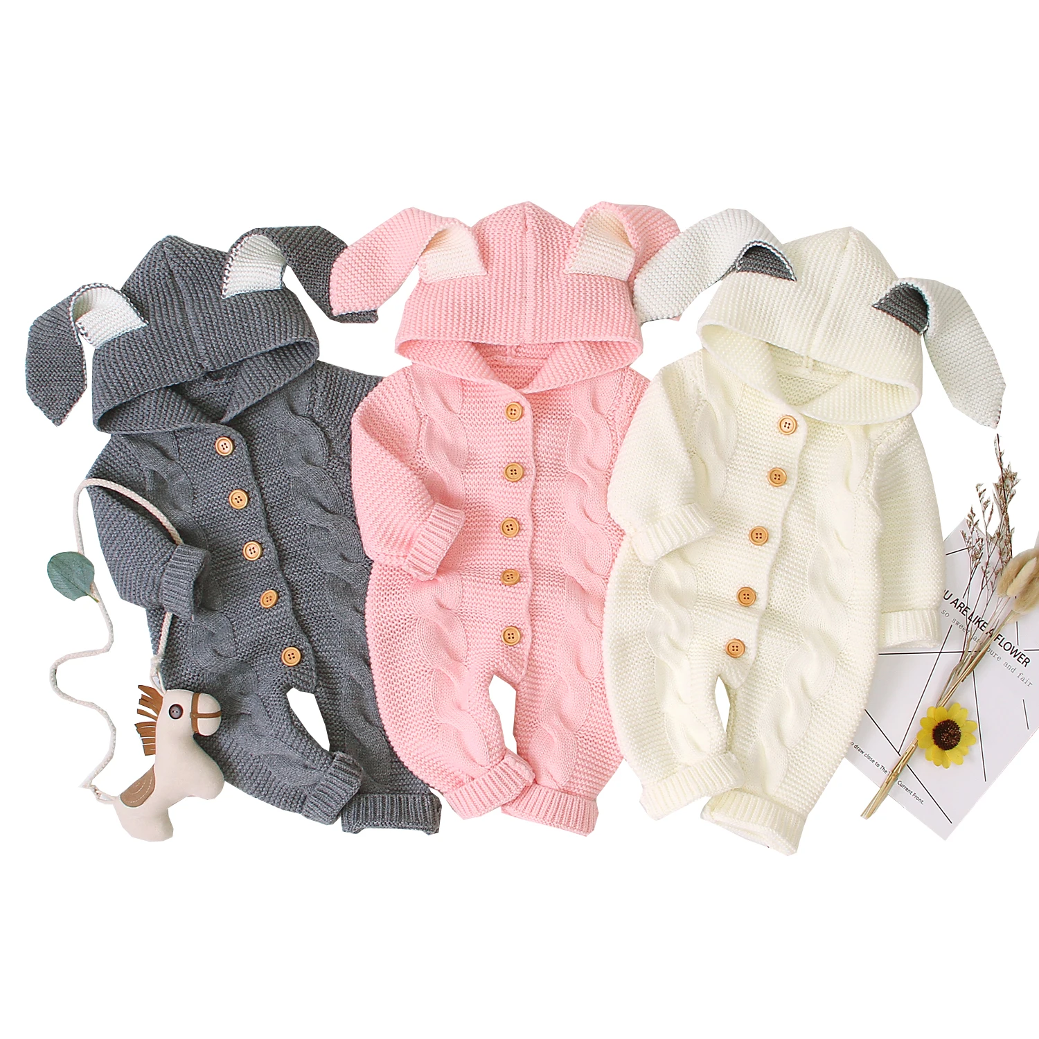 Infant ears girl knit jumpsuit newborn hooded sweaters romper baby clothes