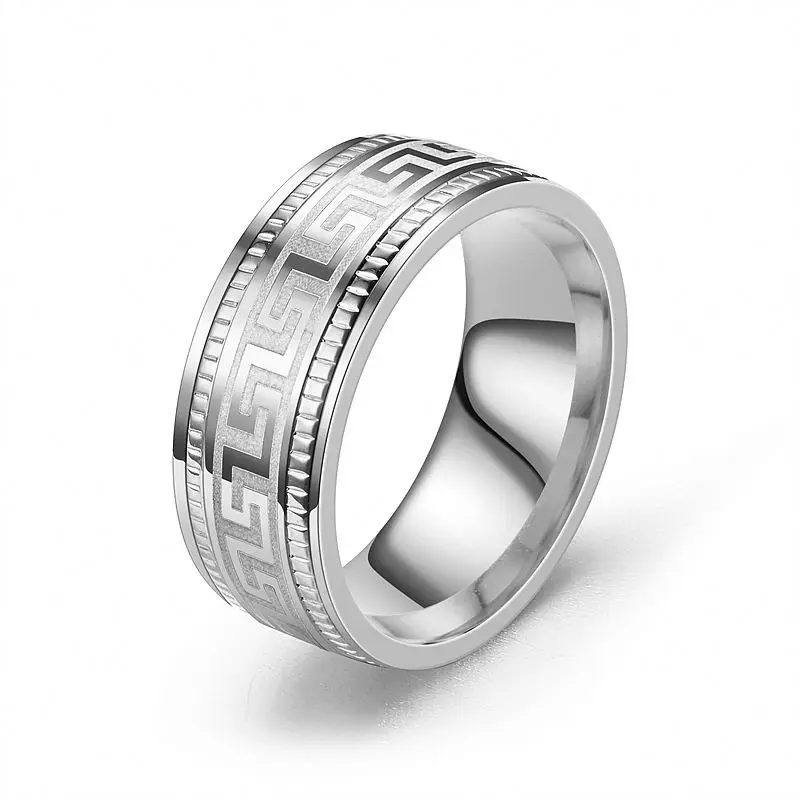 OEM/ODM 8MM Wide Custom Logo Stainless Steel Men Ring Embossed Edge The Great Wall Pattern Stylish Wholesale Anel Masculino