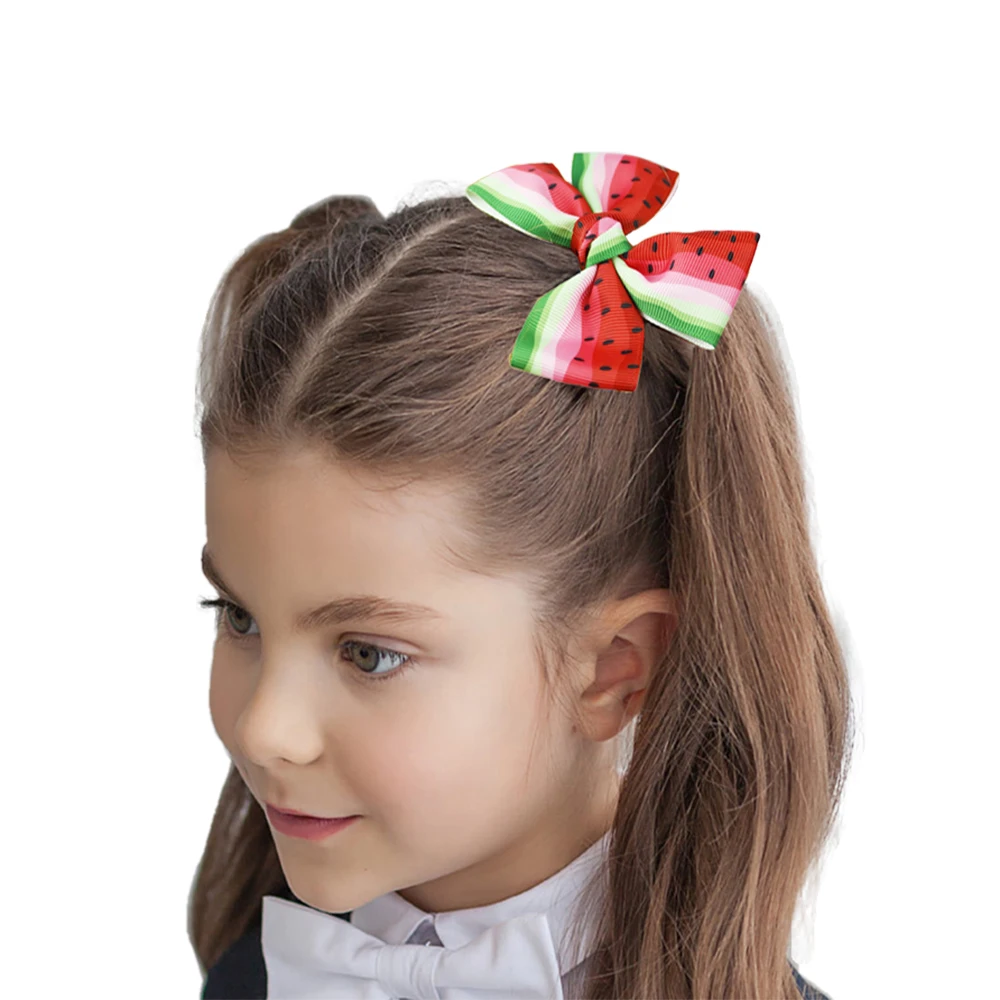 HCArtware Wholesale 6 PCS Cute Hair Bow Clips For Girls 4 inch Boutique Ribbon Watermelon Pattern Kids Hair Clips