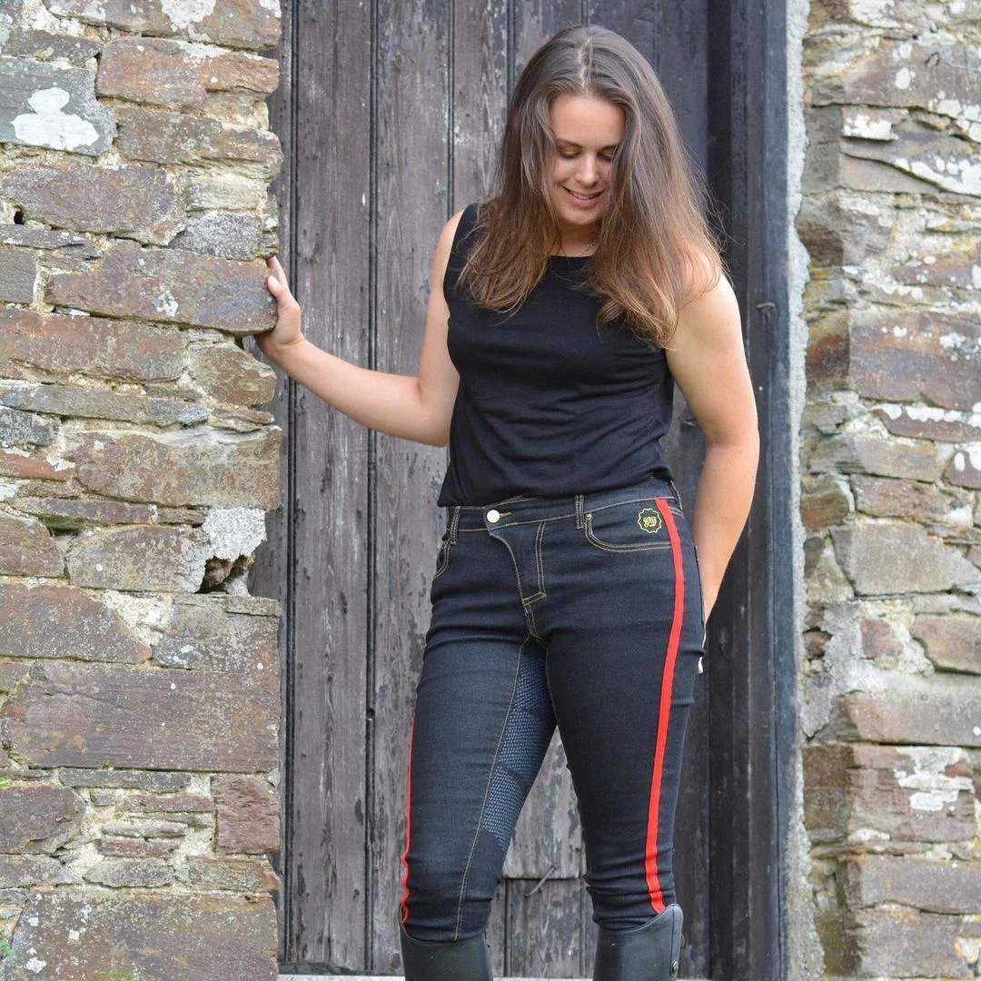 Custom Four way stretch Tech Fabric Red Striped Design Full seat Silicone Grip Denim Breeches Tights