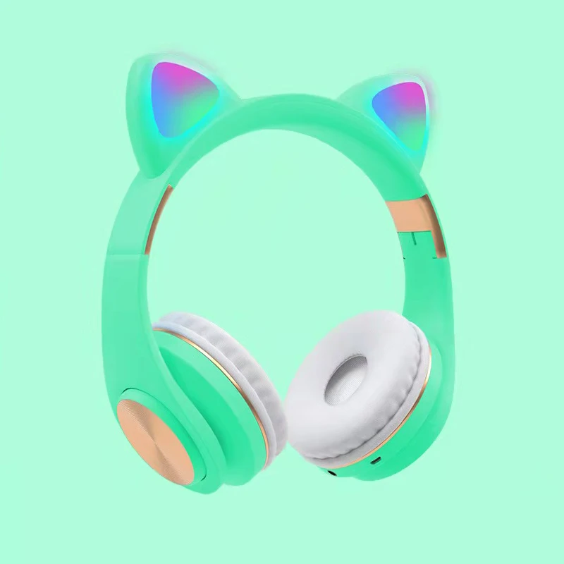 2021 high quality cute cat ears headphone BT V5.0 mobile pc game led wireless headset metal