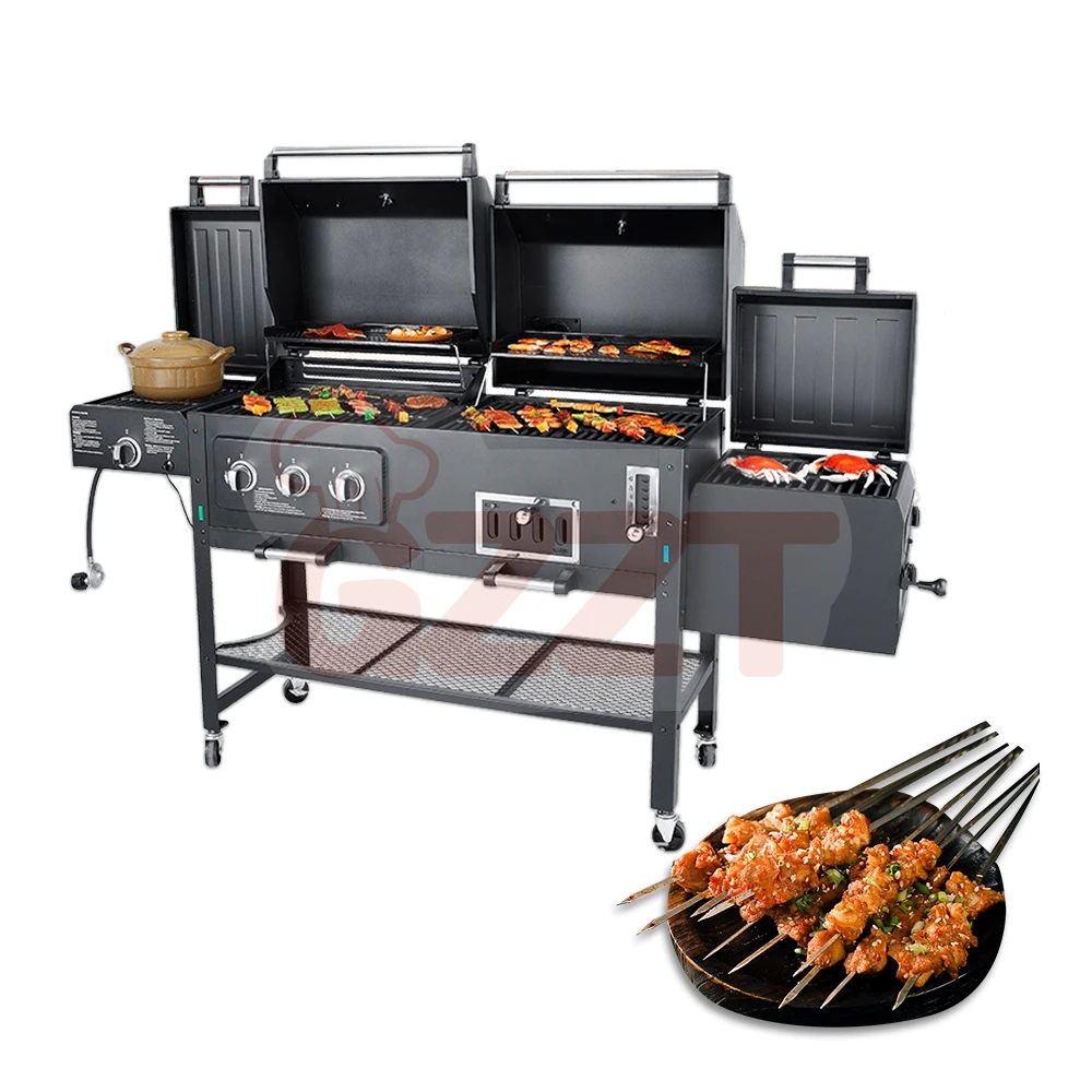 American Outdoor Garden Large Gas And Charcoal Grill Combo Smokeless Barbecue Bbq Commercial Grill Trolley With Smoker Oven