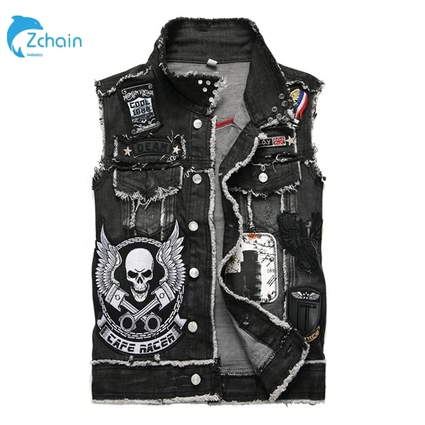 
OEM Jeans Vest Coat Ripped Tassel Sleeveless patchwork embroidery Jacket Fashion Male Streetwear Cowboy Waistcoat Jackets Mens 