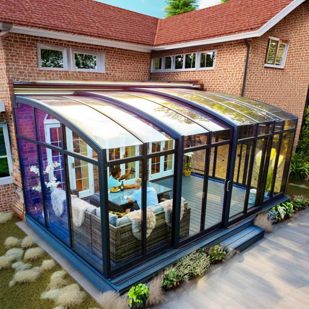 Modern Designed Aluminum Sliding Folding Curved Roof Outdoor Sunroom Waterproof Retractable Arc Roof Latest Sunroom Glass House