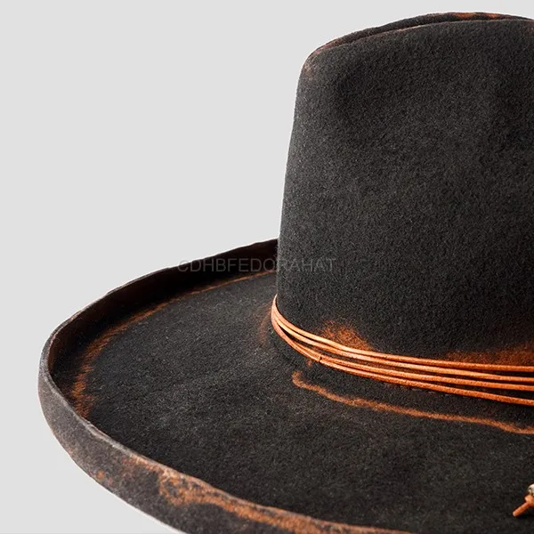 High Quality Unisex Australia Wool Vintage Distressed Large Brim Black Fedora Hats For Men