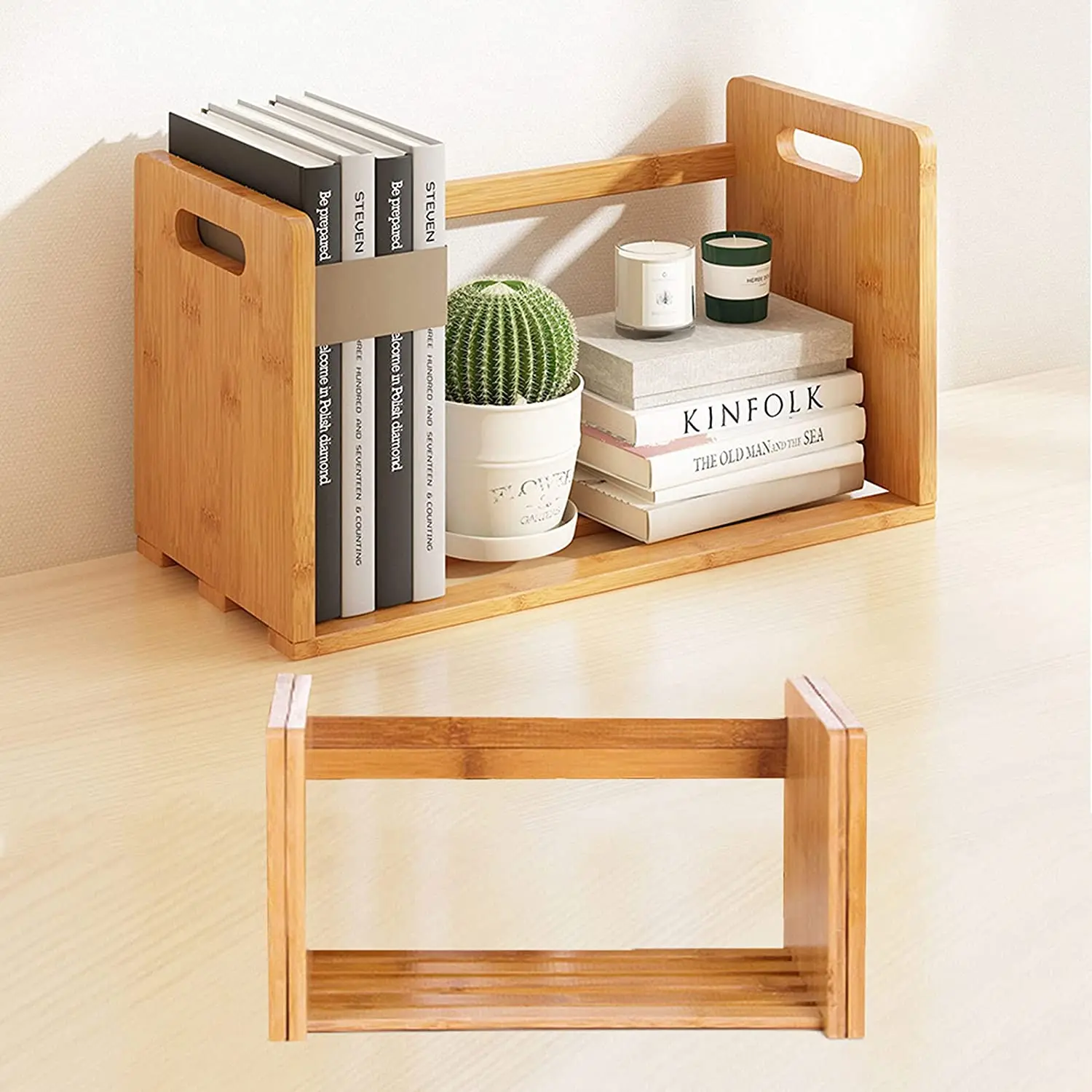 Bamboo Desktop Bookshelf Expandable Organizer Table Top Bookcase Desk Storage Display Shelf Rack for