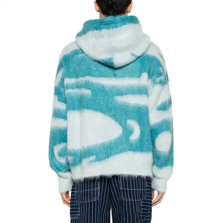 2024 custom mohair knitted hoodie dropped shoulder jacquard knitwear winter fluffy wool sweaters for men