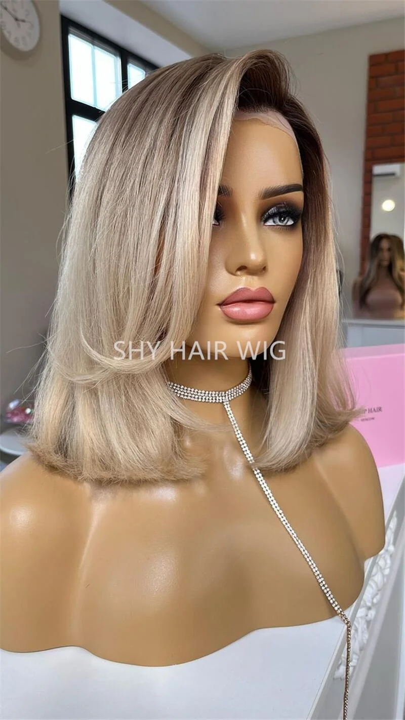 2023 Shy Top quality Highlight mixed Blonde Straight European Human Hair 4*4 Silk Top short wavy Lace Front Wig For White Women