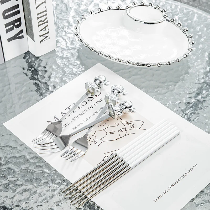 New Creative Silver Edged Dumpling Plate with Vinegar Dish Household Ceramic Divided Plate High Grade Ins Style
