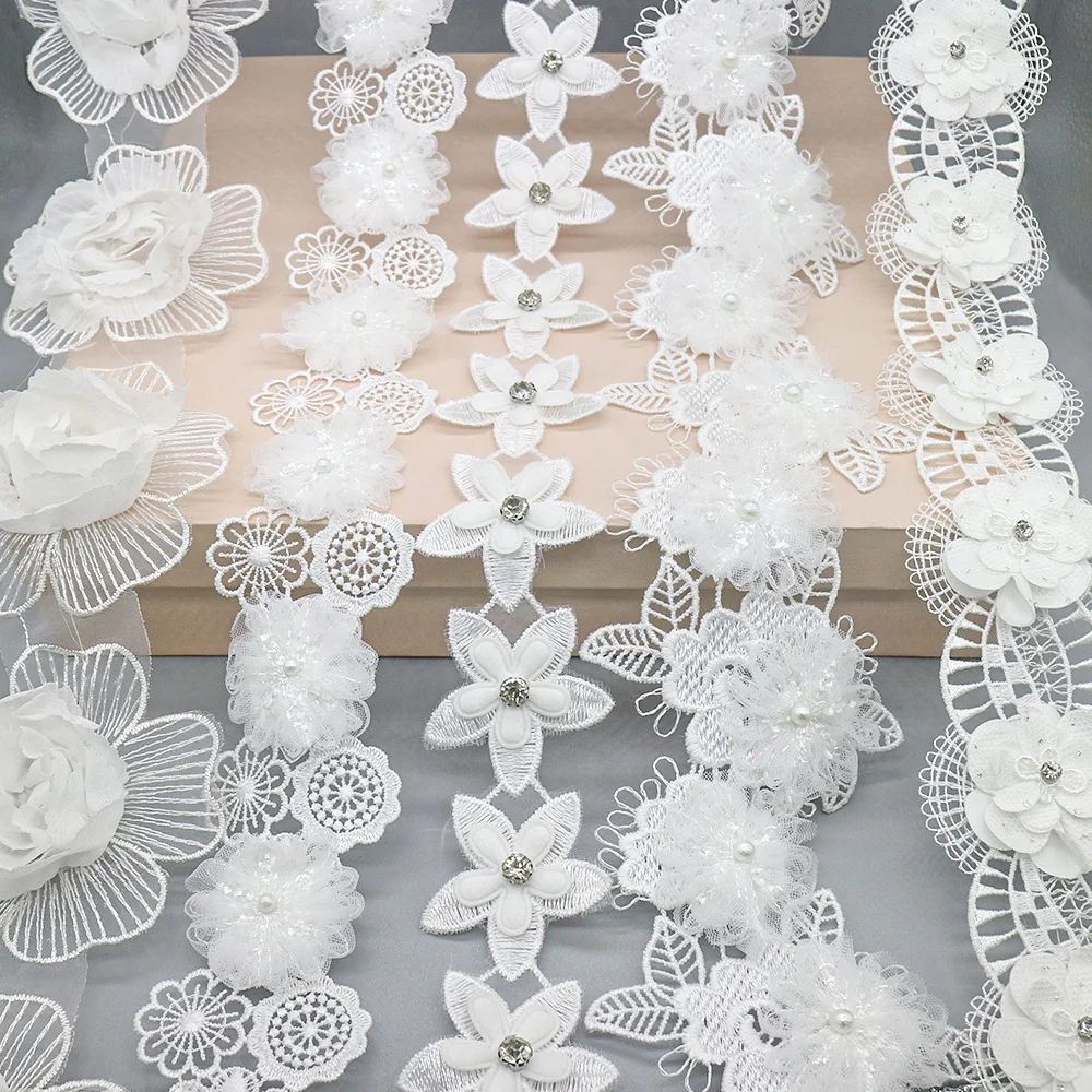 Luxury french shiny sequin african embroidered tulle white wedding dresses lace trim with beads